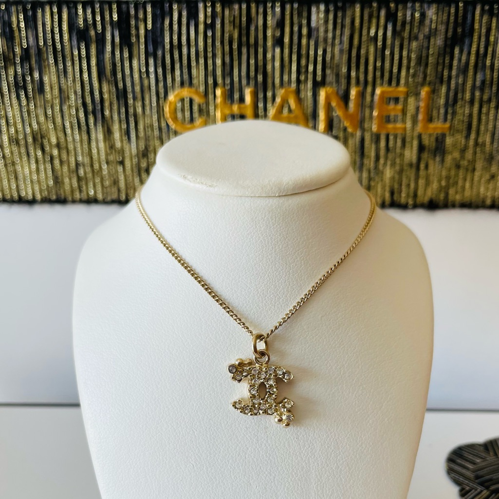 Chanel Classic Gold Tone Timeless Cc Crystal Pendant Necklace